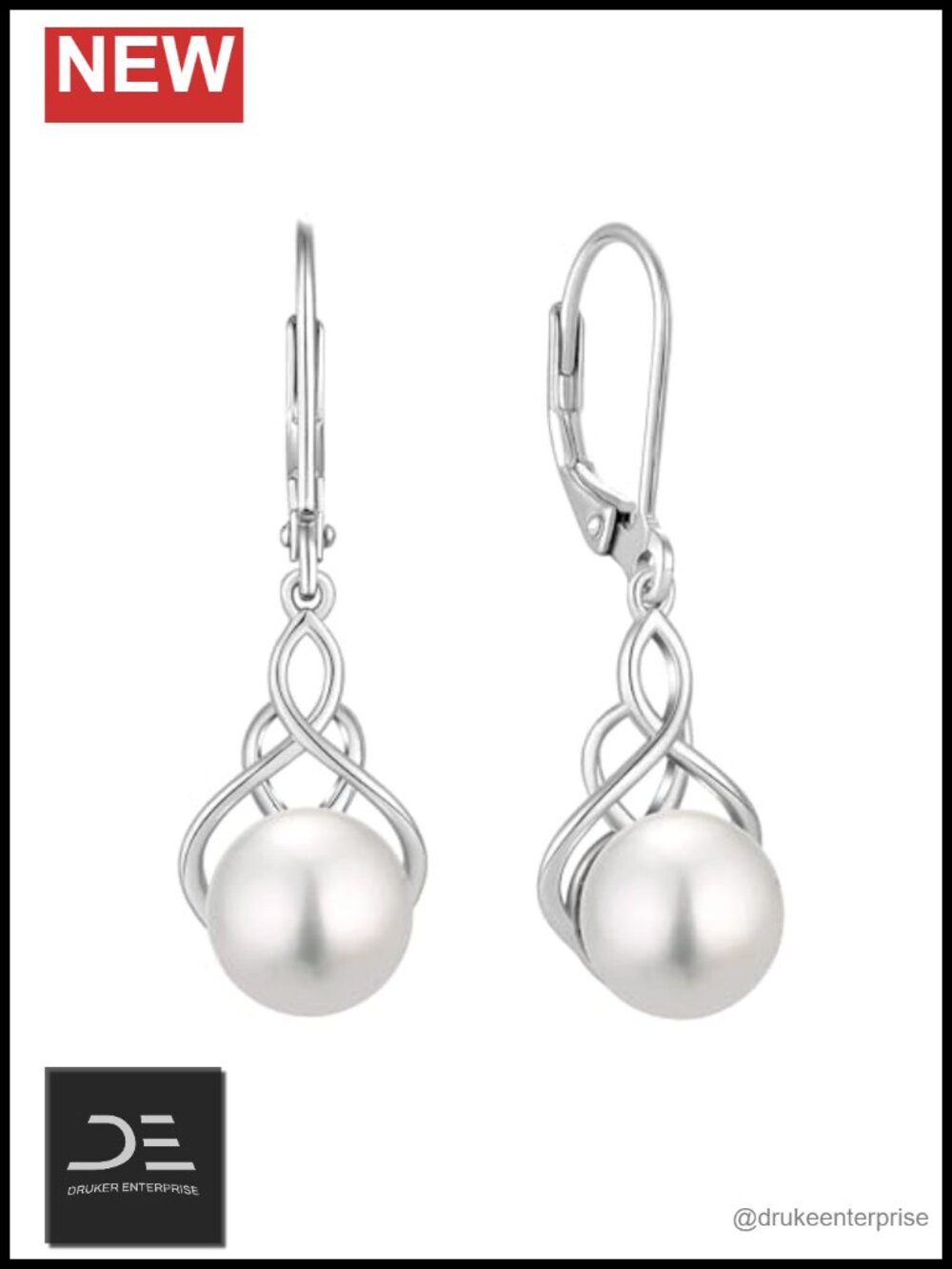 Celtic Knot 925 Sterling Silver Leverback Pearl Dangle Earrings for Women, 9mm